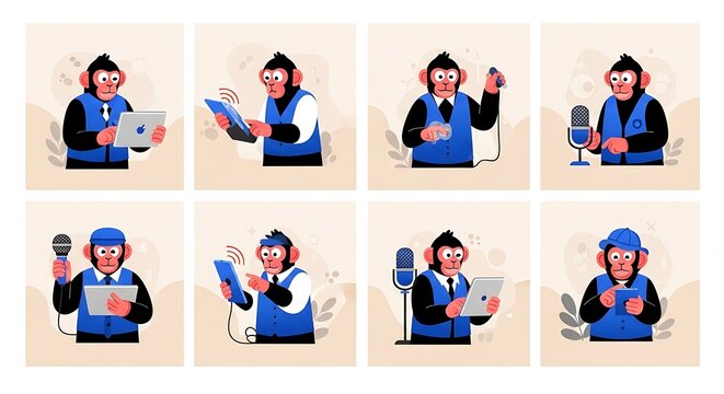 Cartoon monkey illustrations using technology for various actions in a professional setting