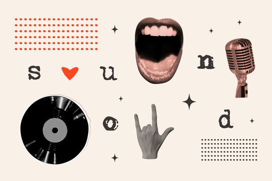 Vintage retro music halftone set. Karaoke collage collection with girl mouth, vinyl record, mic, human hand. Grunge disco elements for poster, podcast, wall art. Dotted isolated vector illustration.
