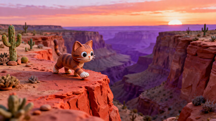 Naklejka premium Cute cartoon fox exploring grand canyon at golden hour sunset landscape