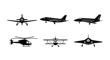 A collection of six black silhouette aircraft including planes helicopters and a biplane © grvect02