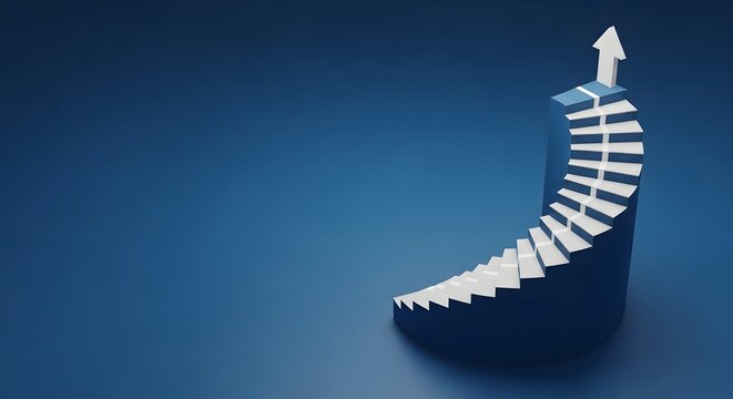 White staircase with upward arrow on dark blue background, symbolizing growth and progress stairs