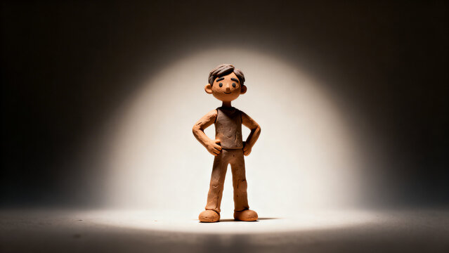 clay cartoon character standing in spotlight