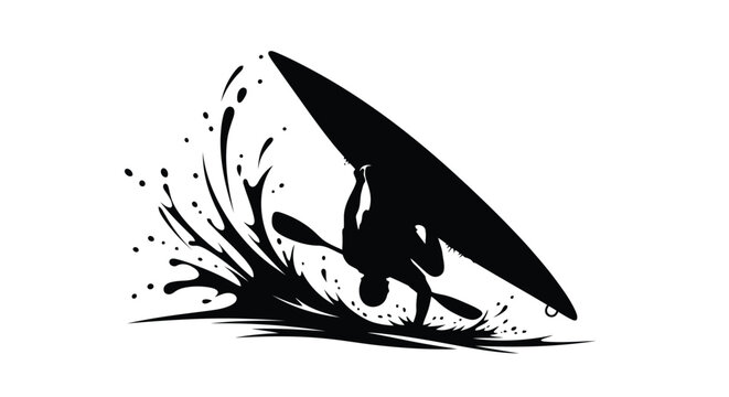 Black silhouette of a surfer riding a wave with a surfboard