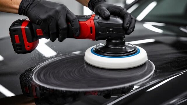 Professional auto detailer polishing a black car with a machine buffer.

