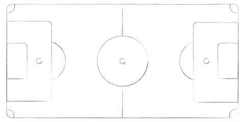 Hand Drawn Soccer Field Outline – Football Pitch Top View Line Art Diagram, Playground Court Markings Sketch Isolated on White Background © dmsrashedul