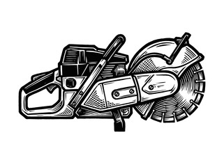 Obraz premium Vintage Rescue Saw Firefighting Equipment Engraving Illustration Black and White Line Art