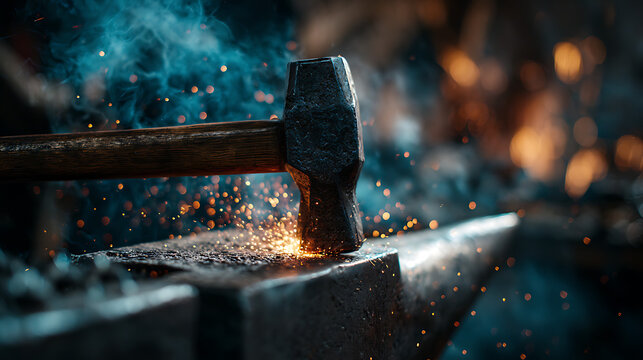 A large hammer striking an anvil with sparks flying everywhere in a dark background