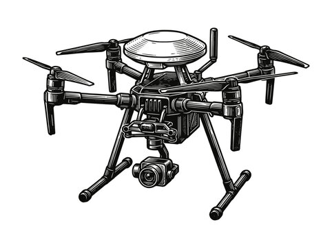 RTK Drone Surveying Technology Engraving Illustration Black and White Line Art