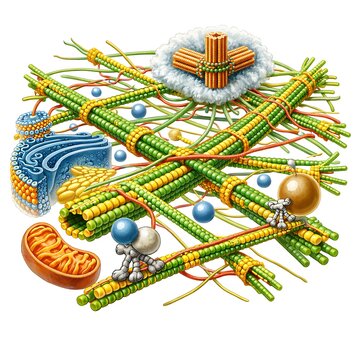 Microscopic 3D Rendering of Cell Cytoskeleton with Microtubules, Mitochondria and Motor Proteins
