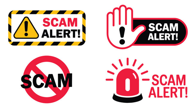 Scam alert notification set icon, fraud notice alert, malware hack attack attention banner, pop-up vector, security warning symbols for cyber threats, digital safety, and online protection 