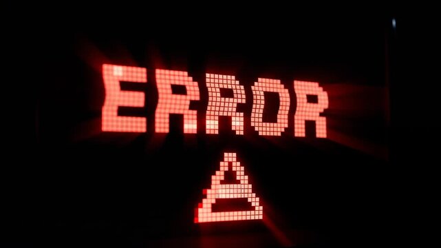 This features a digital error screen with a prominent warning sign and distorted text on a dark background, illustrating technical difficulties and system failures in a futuristic and cyberpunk
