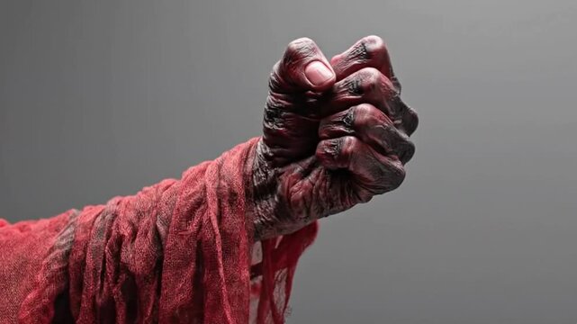 Close-up of a textured, distressed hand wrapped in frayed red fabric, dark fantasy horror makeup effect on a mannequin arm.