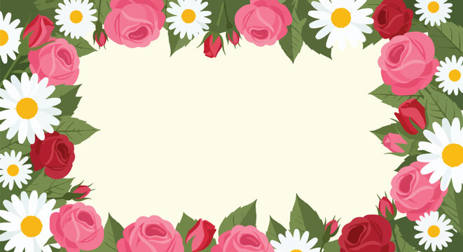 Flower frame with pink and red roses and white daisies, decorative border for special occasion, blank space for text, vibrant floral design