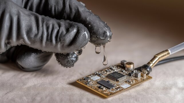 Tidal energy prototype printed circuit monitoring board close view, droplets of salt water on sensor contacts, technician's gloved finger adjusting trim potentiometer, ideal for tidal technology,