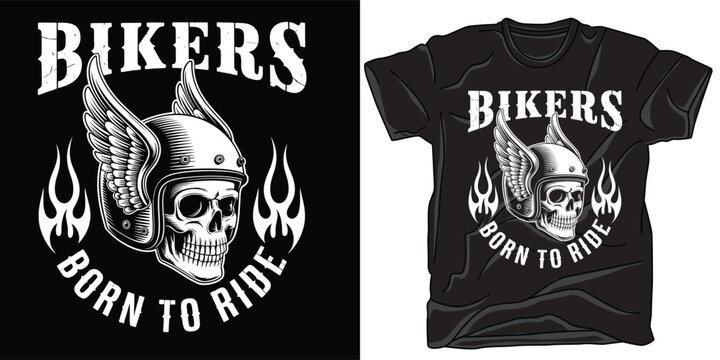 Bikers born to ride skull emblem with winged helmet and flames vintage design art.