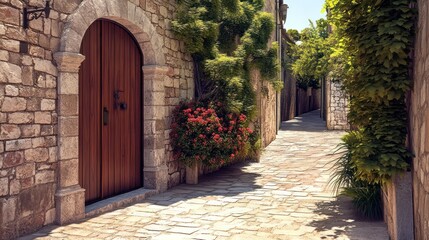 Naklejka premium Beautiful stone alleyway with natural greenery and vibrant flowers alongside a rustic wooden door