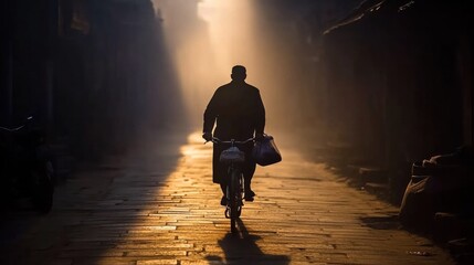 Fototapeta premium Man Riding Bicycle in Narrow Street with Sunlight Beaming through Fog, Creating a Dramatic Atmosphere