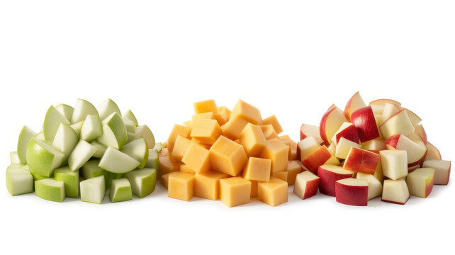 Fresh diced green apples, cantaloupe melon cubes, and red apple pieces on white background
