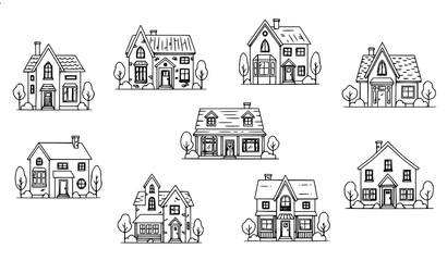 Naklejka premium Stylized suburban houses set with cottages trees and bushes vector real estate illustration
