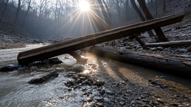 Tranquil Stream with Sunlight Shining Through Trees and a Rustic Log Bridge in a Serene Forest Landscape
