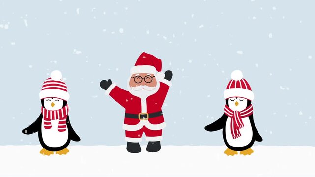 Santa Claus with Friends are Dancing. Christmas Animation. Happy Santa and Cute Penguins under Snowfall. Funny Holiday Characters in Red Clothes. Loop Video in Red, White, Black on Gray