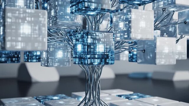 A futuristic blue circuit board tree grows on a table amidst scattered papers in a modern laboratory setting with a blurred background.