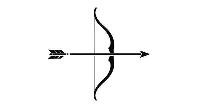 A sleek minimalist depiction of a traditional bow and arrow presented as a striking black silhouette high quality