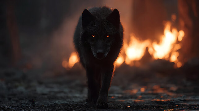 A black wolf with glowing orange eyes walks towards the camera in a dark forest with a large fire burning in the background