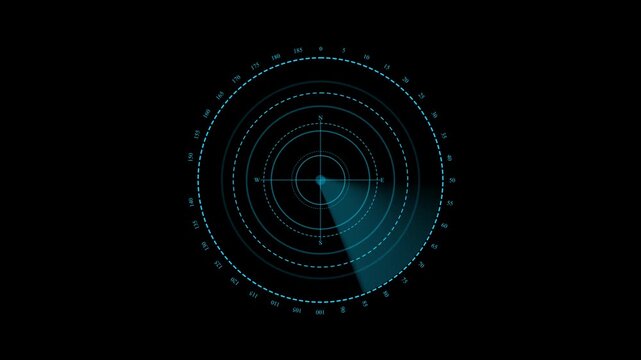 Futuristic Digital Radar Sonar Screen with Blue Rotating Scanning Beam on Black Background
