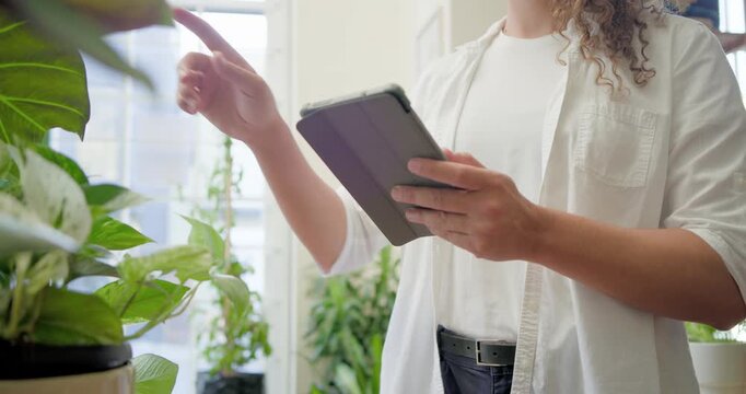 Non-binary African American worker tapping tablet, inspecting plant leaves at shop, confirming care