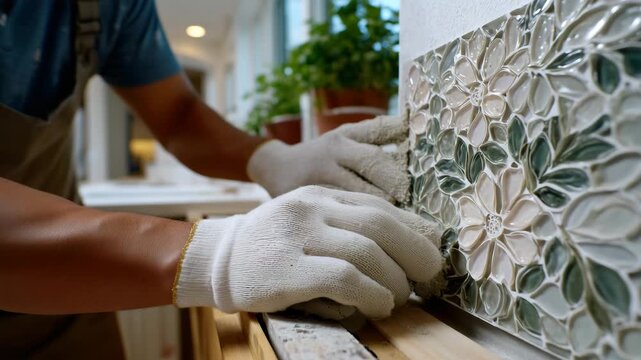 Medium shot of faceless hands in white renovation gloves installing a delicate floral-pattern mosaic tile sheet, pastel hues harmonizing with a bright Scandinavian-style kitchen, n
