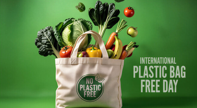 International plastic bag free day with fresh produce in ecofriendly tote bag