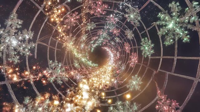 Christmas abstract dynamic swirl fractal wireframe grid glowing waves particles. 4K UHD 3D video loop blurred cyberspace design art background.