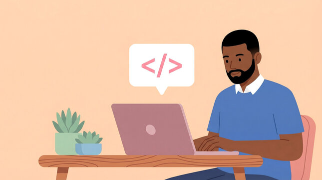 Male software developer working on laptop writing code at desk vector illustration
