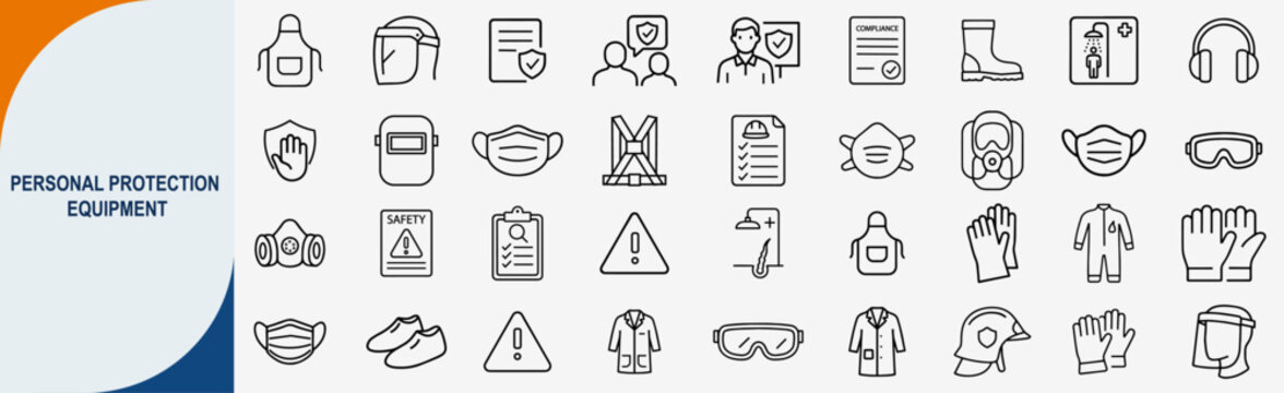 Personal protection equipment icons set, outline vector icons for industrial safety