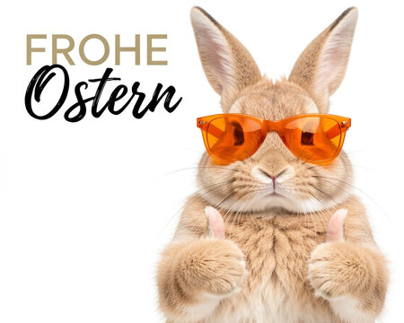 A fluffy, light brown bunny is centered on the right side of the frame, wearing large, translucent orange sunglasses