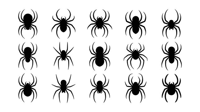 Collection of fifteen diverse spider silhouettes isolated on white background for spooky graphic design