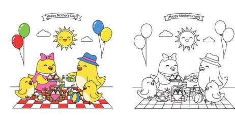 Naklejka premium Happy Mother's Day family picnic with cute cartoon chicks coloring page and colored vector illustration for kids' activities