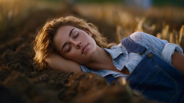 Medium-close shot of a woman in casual farm clothes resting on plowed soil, sun setting behind her, furrows and field textures highlighted, warm cinematic lighting, serene agricult