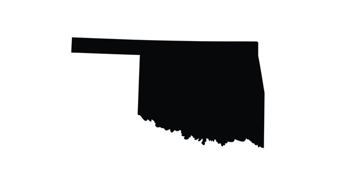 A stark black silhouette depicts the distinct geographical outline of the state of oklahoma