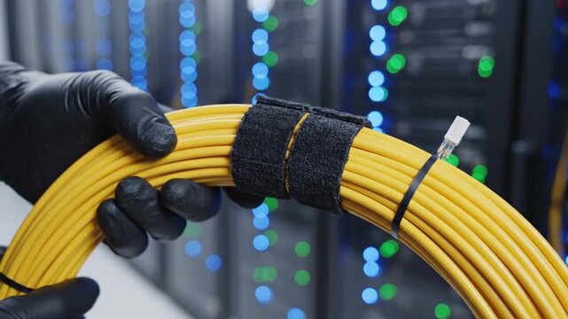 A gloved hand holds a bundle of yellow cables in a data center