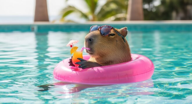 Capybara wearing sunglasses floating in a pink rubber ring inside a swimming pool drinking a cocktail. Funny animal enjoying summer vacation. Relaxed exotic pet in tropical resort.