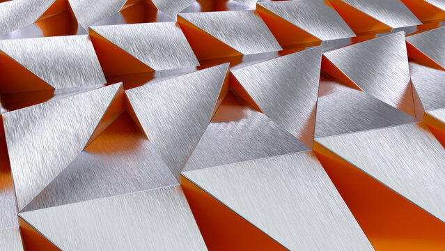Gray orange metallic volumetric geometric background. 3d illustration