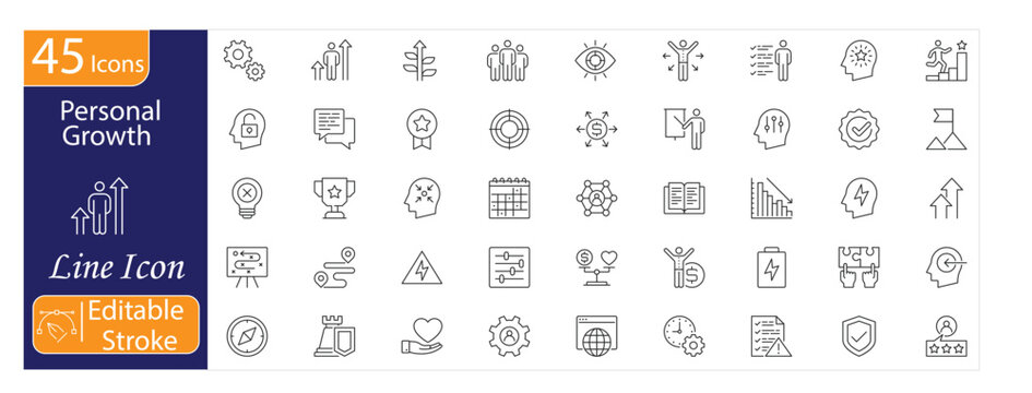 Personal Growth Icons Set, Self Improvement, Goal Setting, Skill Development, Motivation, Learning Journey, Achievement, Editable Stroke Vector Illustration.