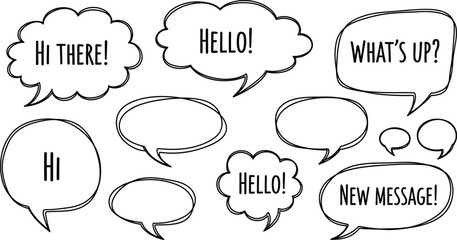 Hand-drawn speech bubbles and thought clouds with greetings and messages for comic or chat design "hi there "what's © Md