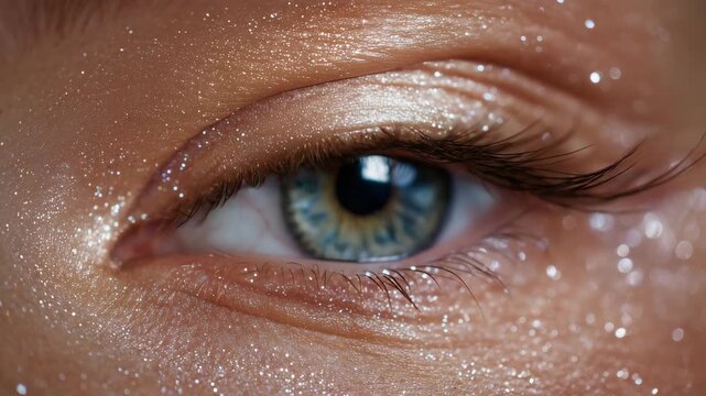 Ultra-detailed macro of glitter eyeshadow on eyelid, reflective micro-pigments sparkling under directional light, delicate skin creases and natural texture visible beneath luminous