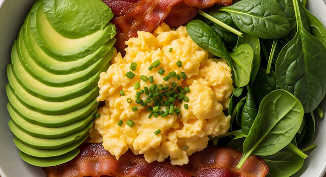 Healthy breakfast bowl featuring scrambled eggs, sliced avocado, and fresh baby spinach