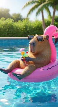 Capybara wearing sunglasses relaxing in swimming pool on pink flamingo inflatable ring. Cute animal holding tropical cocktail drink. Summer vacation, leisure, fun, travel concept, sun.