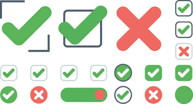 Check marks and crosses for confirmation and rejection symbols vector illustration on grey background.