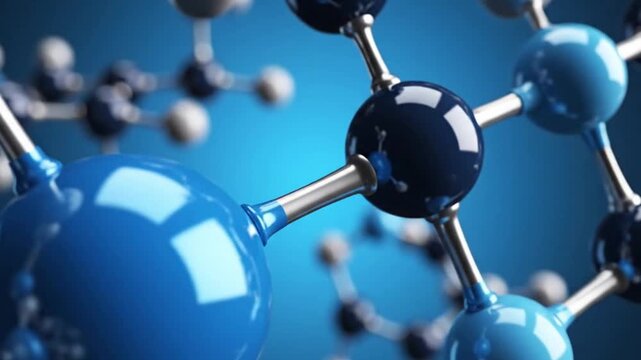 Molecular structure model with blue and silver balls and rods